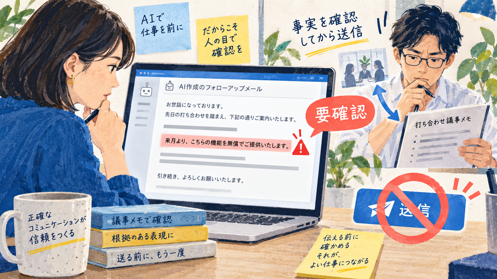 架空の商談後メールで、根拠未確認の無償提供の文を人が送信前に止めるイメージ