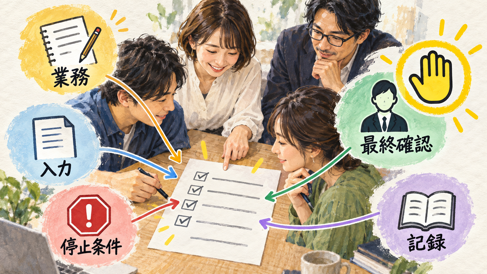 商談後メールの試行で使う確認メモの架空の記入例。入力資料、止める条件、最終確認、記録を示す