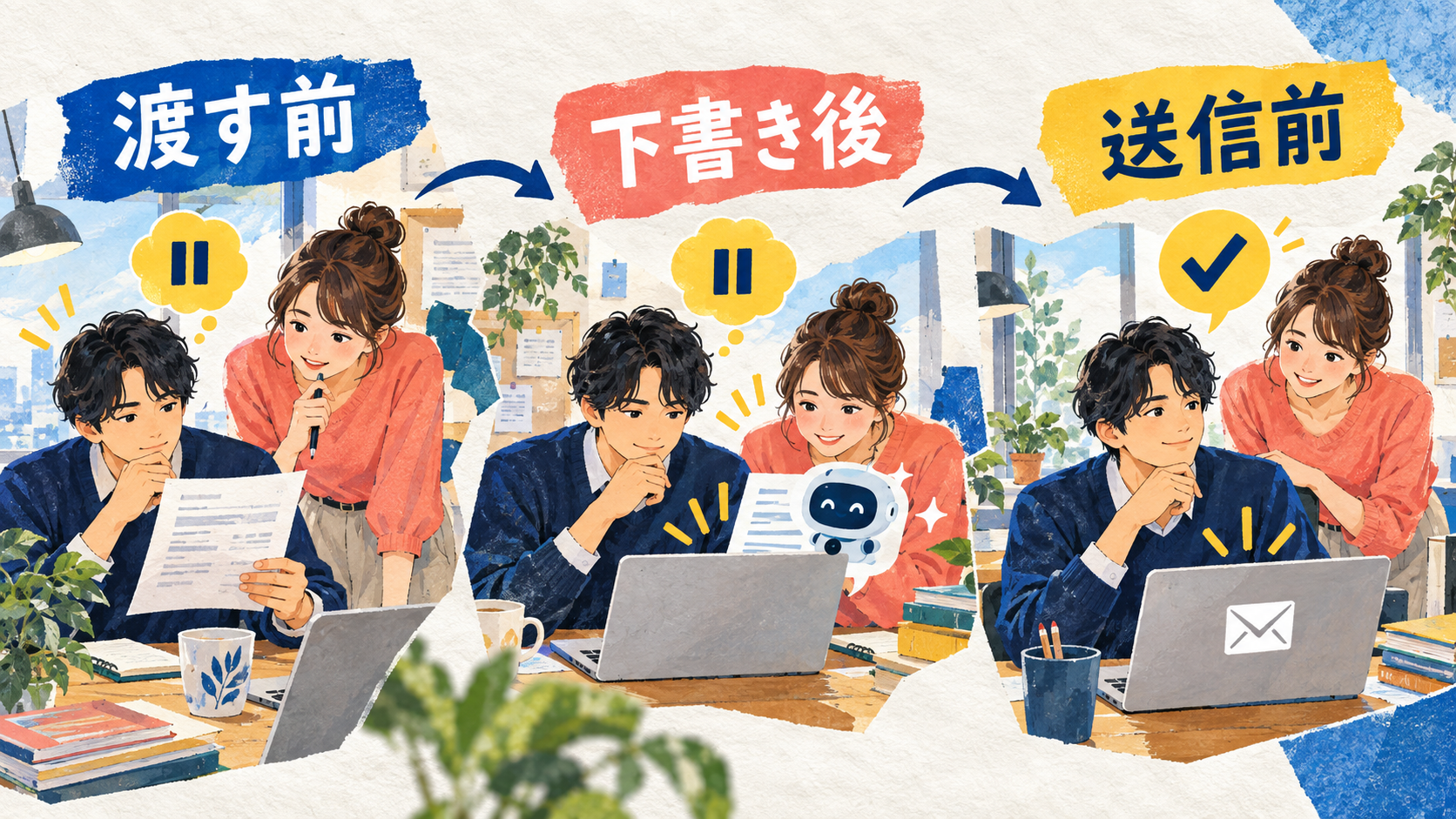 人が確認する3地点。材料を渡す前、下書きの後、外へ出す前
