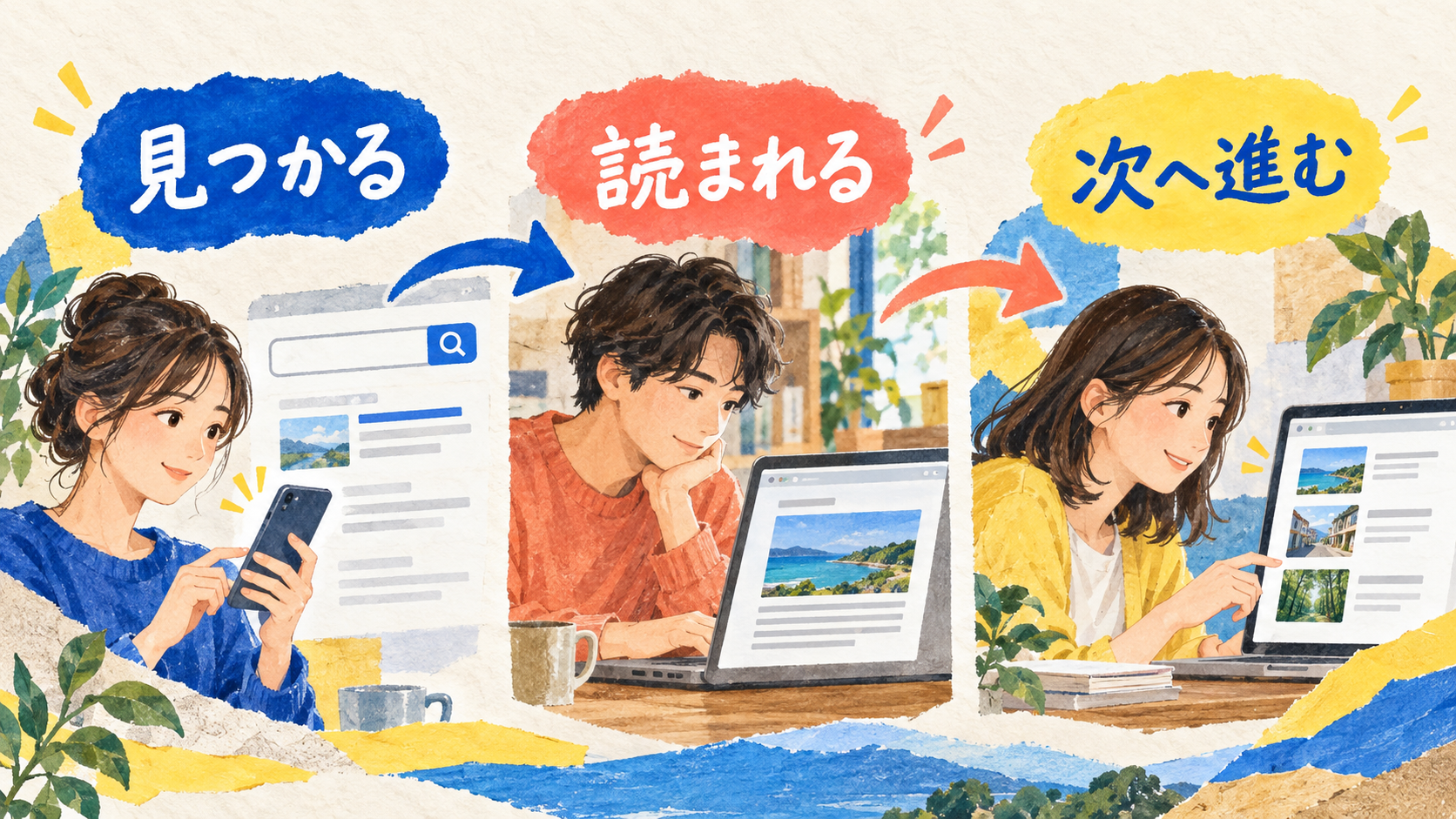 公開後に検索での露出、記事の閲覧、関連記事や資料への移動を別々に確認する流れ
