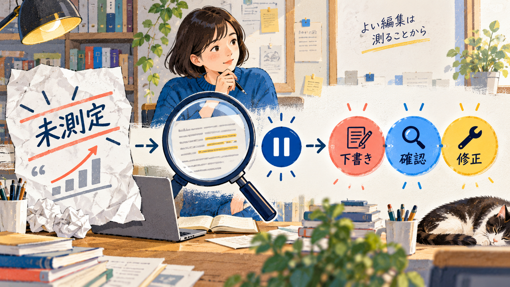 制作時間半減という未測定の主張を結果として書かず、下書き・確認・修正の時間を分けて測る例