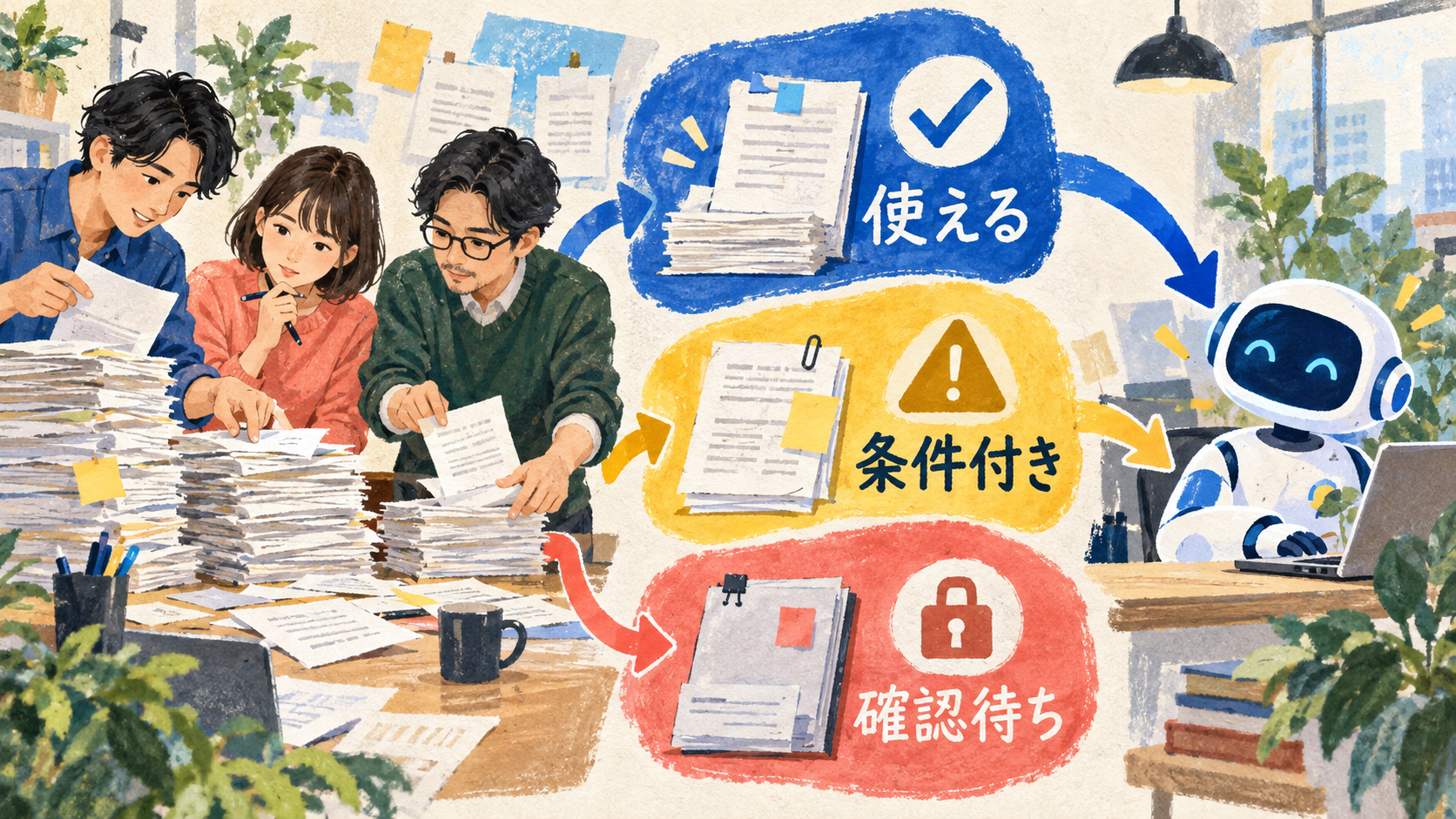 資料をAIへ渡す前の3状態。使える、条件付き、確認待ち