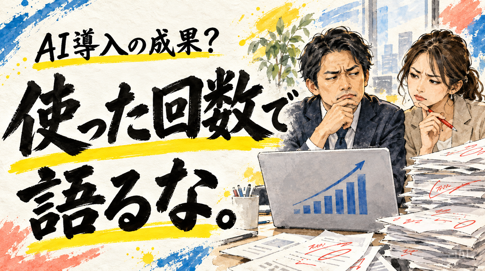 『AI導入の成果？ 使った回数で語るな。』という手書き文字と、利用回数のグラフを見る現場責任者のイラスト