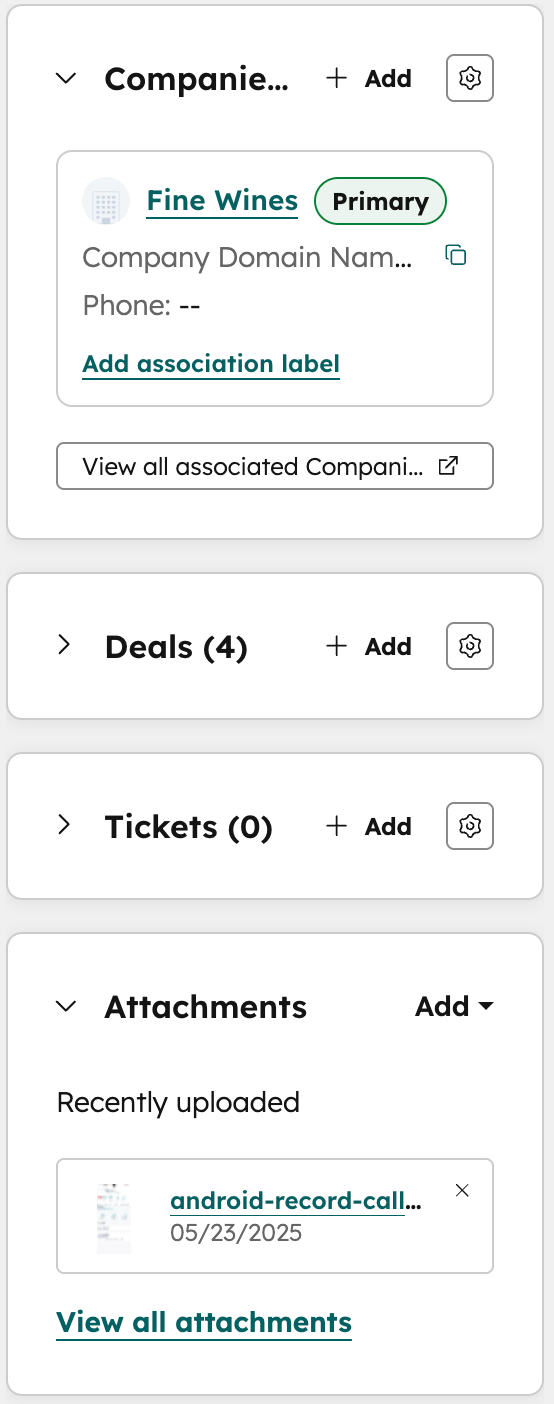 HubSpot公式ヘルプのコンタクトレコード右欄。Company、Deals、Ticketsの関連レコードカードが表示されている